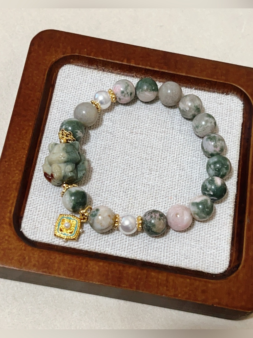 Handmade Green & Pink SakuraAgate Bracelet with Nine-Tailed Fox Lucky Charm 10mm